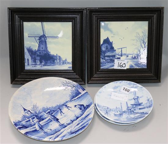 Two framed Dutch tiles and two plates